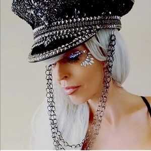 Burning Man Burningman Military Rhinestone Hat (with Chain, Size : 7 1/8-7 3/8)